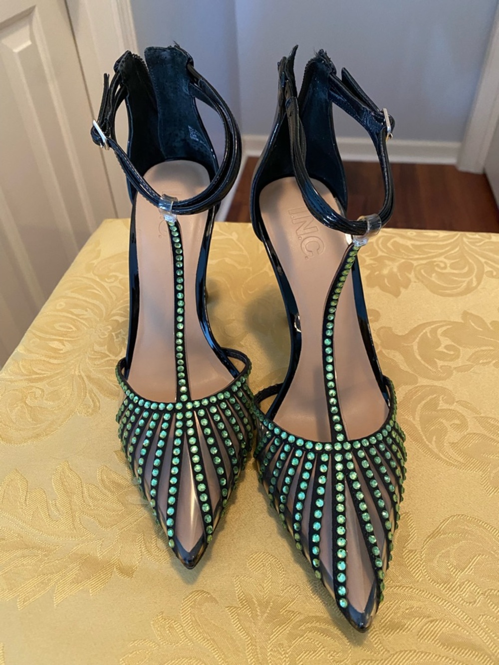 INC International Concepts Black Patent Pointed Heels with Green Stud Accents